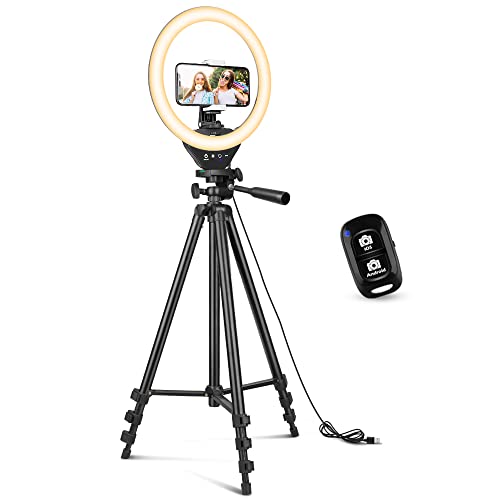 10'' Ring Light with 50'' Extendable Tripod Stand, LED Circle Lights with Phone Holder for Live Stream/Makeup/YouTube Video/TikTok, Compatible with All Phones.