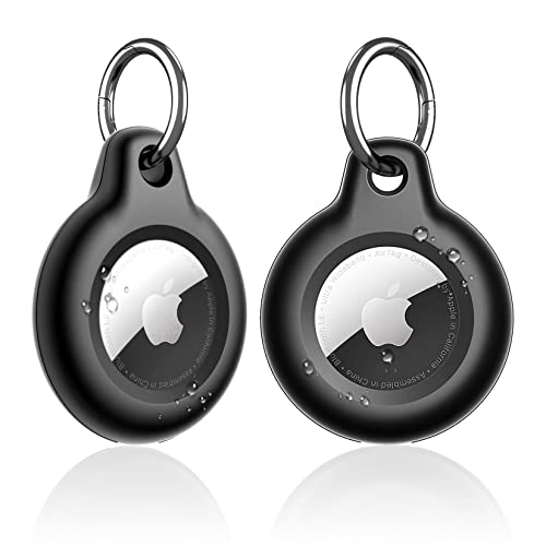 Waterproof Airtag Holder,2 Pack Air Tag Keychain,Hard PC+TPU Full Body Protective Tracker Case with Loop Key Ring for Apple Tags,IPX8 Airtags Cover for Wallet,Luggage,Cat,Dog,Pets(Black)