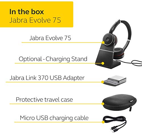 Evolve 75 MS Wireless Headset, Stereo - Includes Link 370 USB Adapter - Bluetooth Headset with World-Class Speakers, Active Noise-Cancelling Microphone, All Day Battery