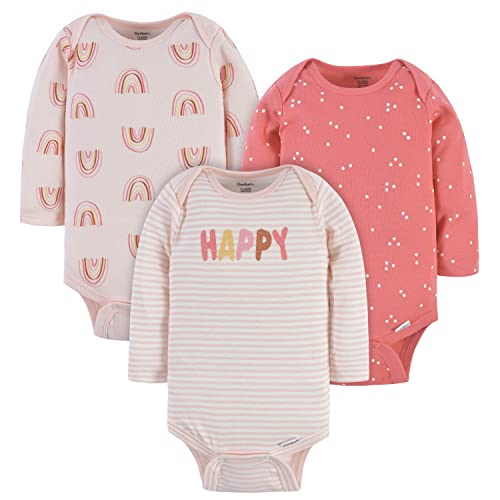 Baby Girls' 3-Pack Long-Sleeve Onesies Bodysuit, Pink Happy, 0-3 Months