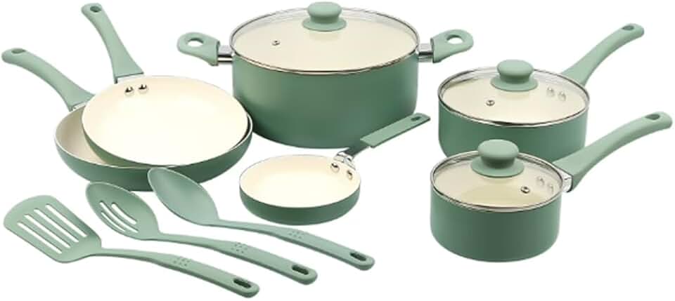 12-Piece Green Nonstick Ceramic Aluminum Cookware Set