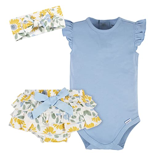 Baby Girls 3-Piece Short Sleeve Onesies, Diaper Cover & Headband Set, Yellow Sunflower, 6-9 Months