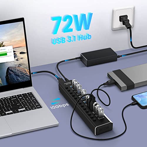 Powered USB Hub Aluminum 13 Port USB 3.1 Hub up to 10Gbps with 72W (12V/6A) Power Adapter and Individual Switches, Type A and Type C Cables, USB C Hub Expander for PC and Laptop (RSH-A13)
