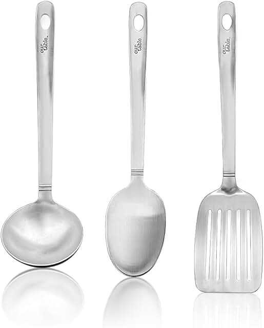 Three-piece stainless-steel cooking utensil set for serving