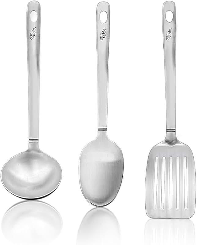 Three-piece stainless-steel cooking utensil set for serving