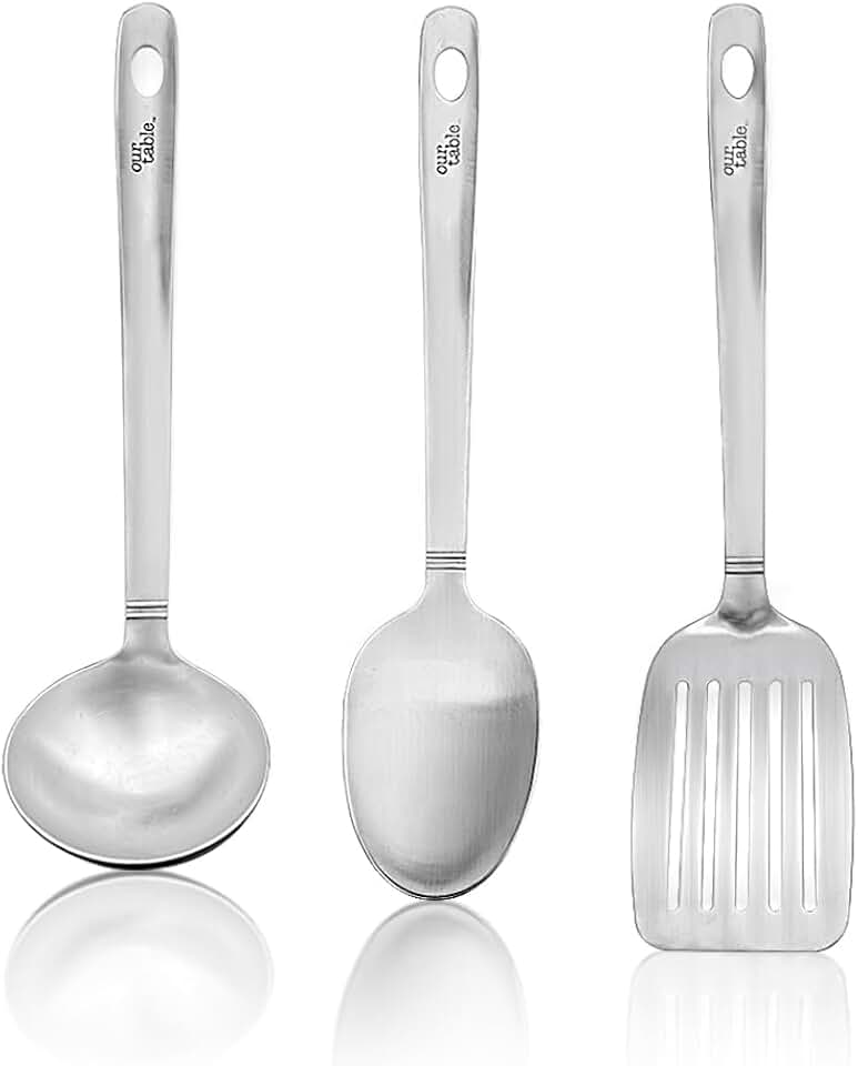 Three-piece stainless-steel cooking utensil set for serving