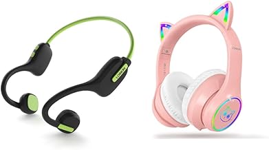 Kid open ear and over ear headphones in green and pink