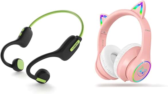 Kid open ear and over ear headphones in green and pink