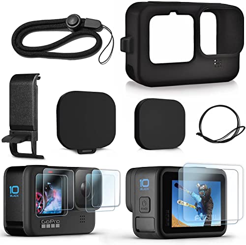 Silicone Sleeve Case for Go Pro Hero 11 /Hero 10 /Hero 9 Black, Battery Side Cover & Screen Protectors & Lens Caps & Lanyard for Go Pro Hero 11 /10 / 9 Accessories Kit