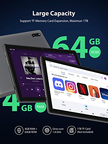 10 inch Octa Core Tablet, 4GB RAM 64GB Storage, Android Tablet with Keyboard and Tablet Case, 10.1 IPS HD Display, Android OS, 6000 mAh Battery, Bluetooth, 5G Wi-Fi, GPS, FM, Dark Grey