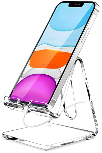 Acrylic portable phone stand for desk, clear, fits phones and tablets