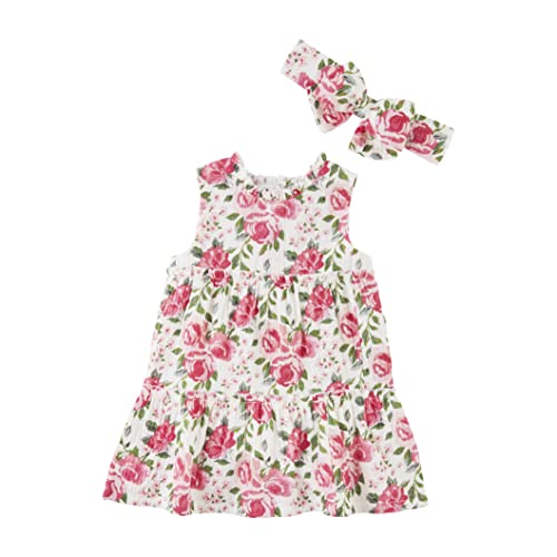Toddler Girl Cotton Gauze Floral Dress and Headband, Rose, 3-6 Months