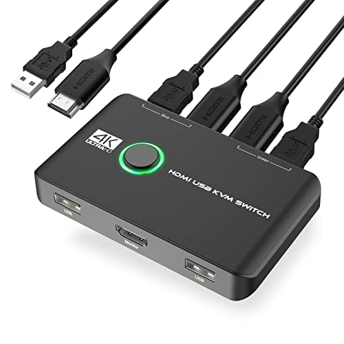 4K KVM Switch HDMI 2 Port Box, USB HDMI Switches for 2 Computers Share Keyboard Mouse Printer and one HD Monitor, Support 4K@60Hz, with 2 USB Cables and 2 HDMI Cables