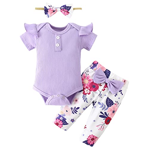 Infant Baby Girl Clothes Romper Floral Pant Summer Outfits Set Baby Girls' Clothing (Purple,0-3 Months)