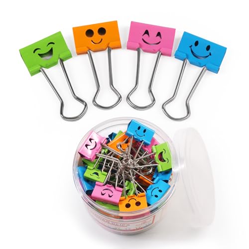 Set of 48 colorful smiley face binder clips, 1 inch