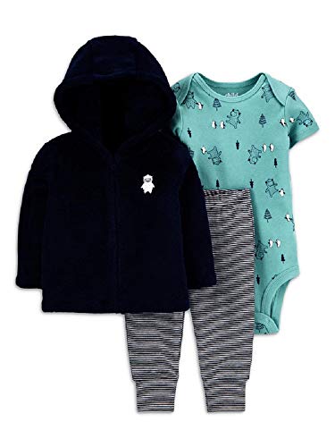 Baby Hooded Fleece Cardigan and Fleece Pant 3pc Outfit Set  3-6 Month  Lamb, Penguin,Trees Blue, White