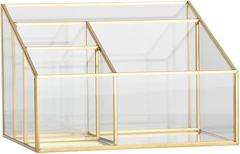 Glass Makeup Organizer with Gold Trim for Vanity