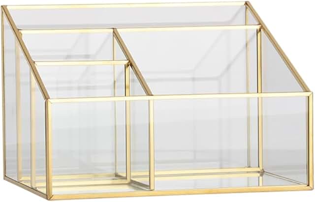Glass Makeup Organizer with Gold Trim for Vanity