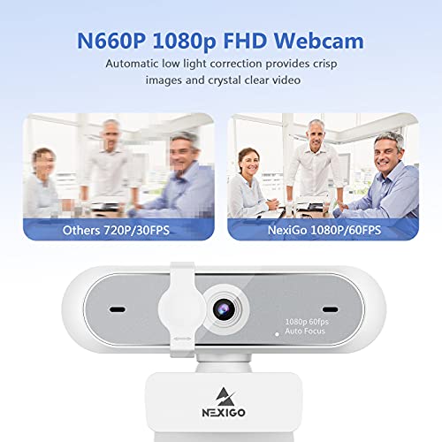 N660P 1080P 60FPS Webcam with Software Control, Dual Microphone & Cover, Autofocus, HD USB Computer Web Camera, for OBS/Zoom/Skype/FaceTime/Teams/Twitch, White