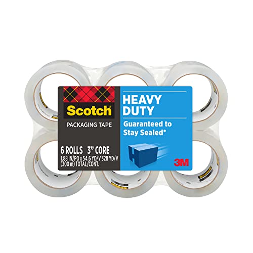 Heavy Duty Packaging Tape, 1.88" x 54.6 yd, Designed for Packing, Shipping and Mailing, Strong Seal on All Box Types, 3" Core, Clear, 6 Rolls (3850-6)