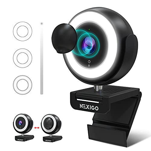 N660E 1080P Webcam with Ring Light, Adjustable Brightness, Magnetic Privacy Cover, Dual Noise Reduction Mics, for Zoom Skype Teams, Black (Upgraded Model)