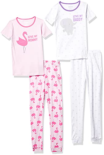 Baby and Toddler Girls Mommy and Daddy Snug Fit Cotton 4-Piece Pajamas, Cameo, 0-3 Months