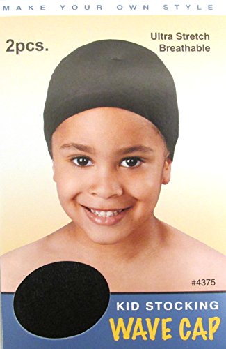 Kids Stocking Wave Cap Black #4375 4 pieces, Breathable, one size fits all, wrinkle free, ultra stretch, stretchable stretchy, turban,
