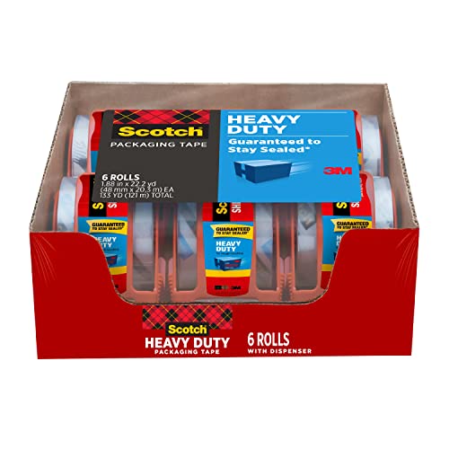 Heavy Duty Packaging Tape, 1.88" x 22.2 yd, Designed for Packing, Shipping and Mailing, Strong Seal on All Box Types, 1.5" Core, Clear, 6 Rolls with Dispenser (142-6)