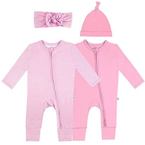 Rompers Pajamas with Mitten Cuffs  Bow and Hat Gift Set - Strawberry Summer Color 4PC 100% Pure Cotton  Mitten Cuffs Onesies