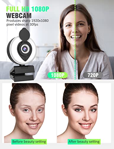 1080P HD Webcam with Ring Light and Privacy Cover, Plug and Play USBWeb CamBuilt-in Microphone,for PC Desktop or Laptop Computers,Great for Conferencing,Recording,Gaming,Zoom,Skype,Teams Meetings