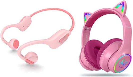 Pink open-ear and over-ear headphones for kids