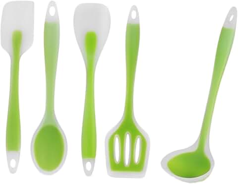 Set of five translucent green silicone cooking utensils