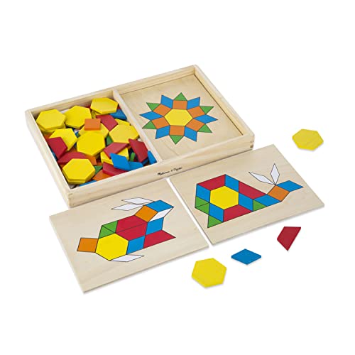Pattern Blocks and Boards - Classic Toy With 120 Solid Wood Shapes and 5 Double-Sided Panels, Multi-colored