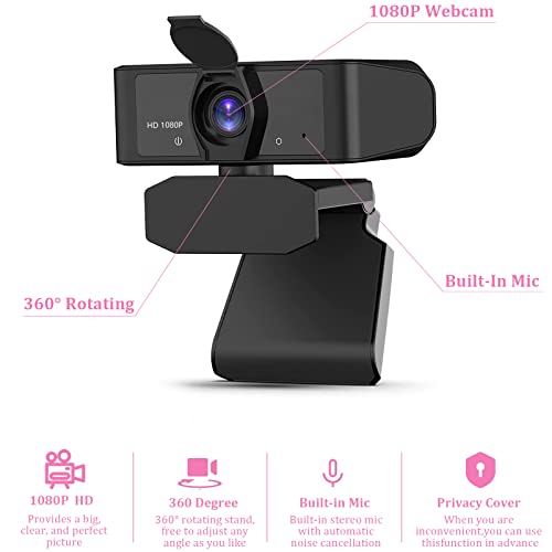 1080P HD Webcam with Microphone and Privacy Cover, Full HD Web Camera for Laptop Desktop Computers, USB Webcam for Live Streaming, Conference, Gaming, Video Calling by