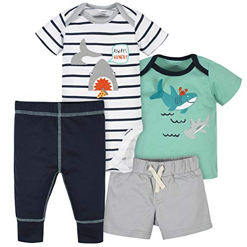 Baby Boys  Toddler 4-Piece Shirt, Bodysuit, Short and Pant, Blue Shark Onesie,