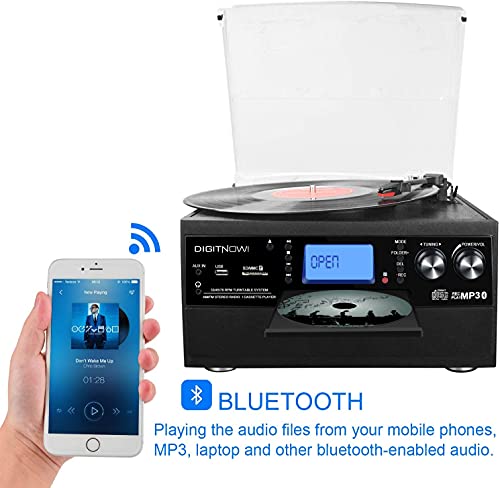 Bluetooth Record Player Turntable with Stereo Speaker, LP Vinyl to MP3 Converter with CD, Cassette, Radio, Aux in and USB/SD Encoding, Remote Control, Audio Music Player Built in Amplifier