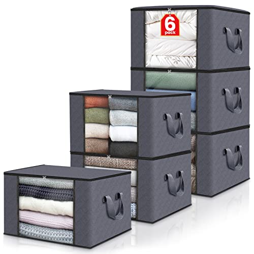6 Pack Clothes Storage, Foldable Blanket Storage Bags, Storage Containers for Organizing Bedroom, Closet, Clothing, Comforter, Sweater, Organization and Storage with Lids and Handle, Grey
