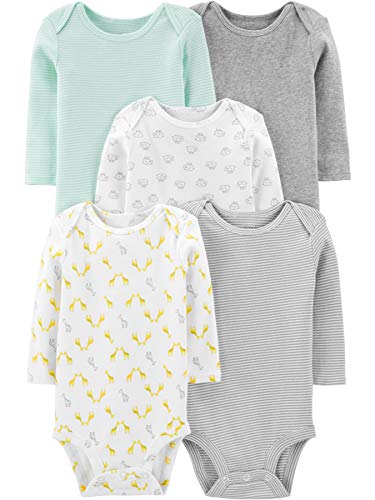 Uni  Babies' Long-Sleeve Bodysuit, Pack of 5, Mint Green/Grey Heather, Stripe/Print, 0-3 Months