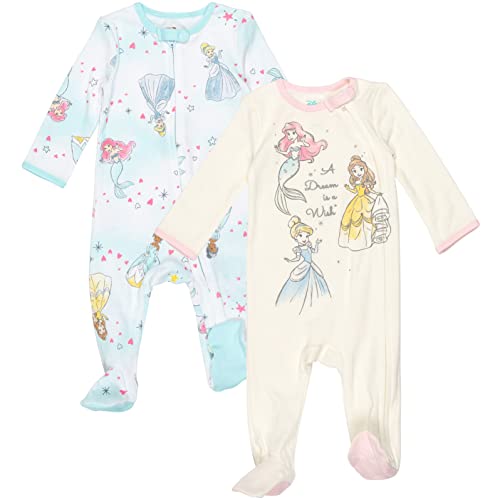 Princess Belle Cinderella Ariel Infant Baby Girls 2 Pack Zip Up Snap Sleep N' Play Coveralls Blue/White 18 Months