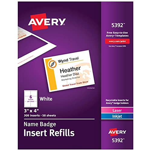Name Badge Inserts, Print or Write, 3 x 4 Inch, 300 Card Stock Refills (5392), White