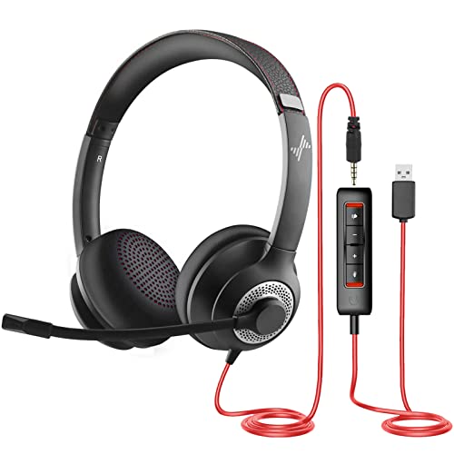USB headset with mic for PC, over-ear headphones with noise cancelling microphone