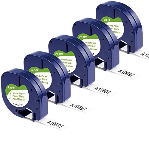 Compatible Label Tape Replacement for DYMO Letratag Refills 91330 10697 Self-Adhesive Paper LT Tape for DYMO LetraTag Plus LT-100T LT-100H QX50 Label Maker, 1/2 Inch x 13 Feet (5 Pack)