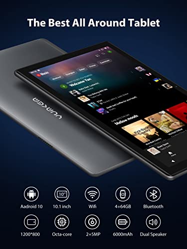 10 inch Octa Core Tablet, 4GB RAM 64GB Storage, Android Tablet with Keyboard and Tablet Case, 10.1 IPS HD Display, Android OS, 6000 mAh Battery, Bluetooth, 5G Wi-Fi, GPS, FM, Dark Grey