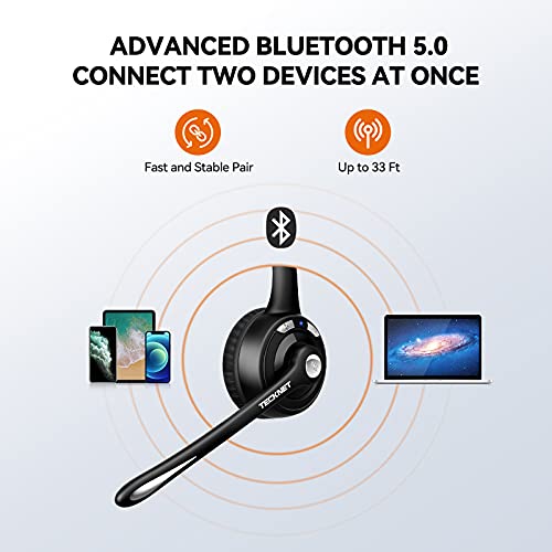 Bluetooth Headset, Wireless On Ear Headphones with Noise Cancelling Microphone for Trucker, Hand Free Wireless Headset with Mute Mic for Cellphone, PC, Home, Office, Call Center, Skype, Travel