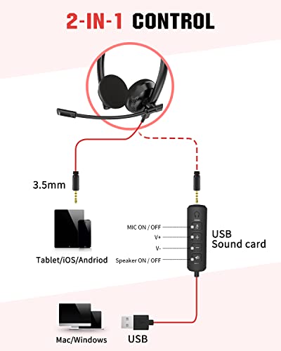 HW03 USB Headphone/ 3.5mm Computer Headset with Microphone Noise Cancelling, Lightweight PC Headset Wired Headphones, Business Headset, Office Computer Headsets for Cell Phone