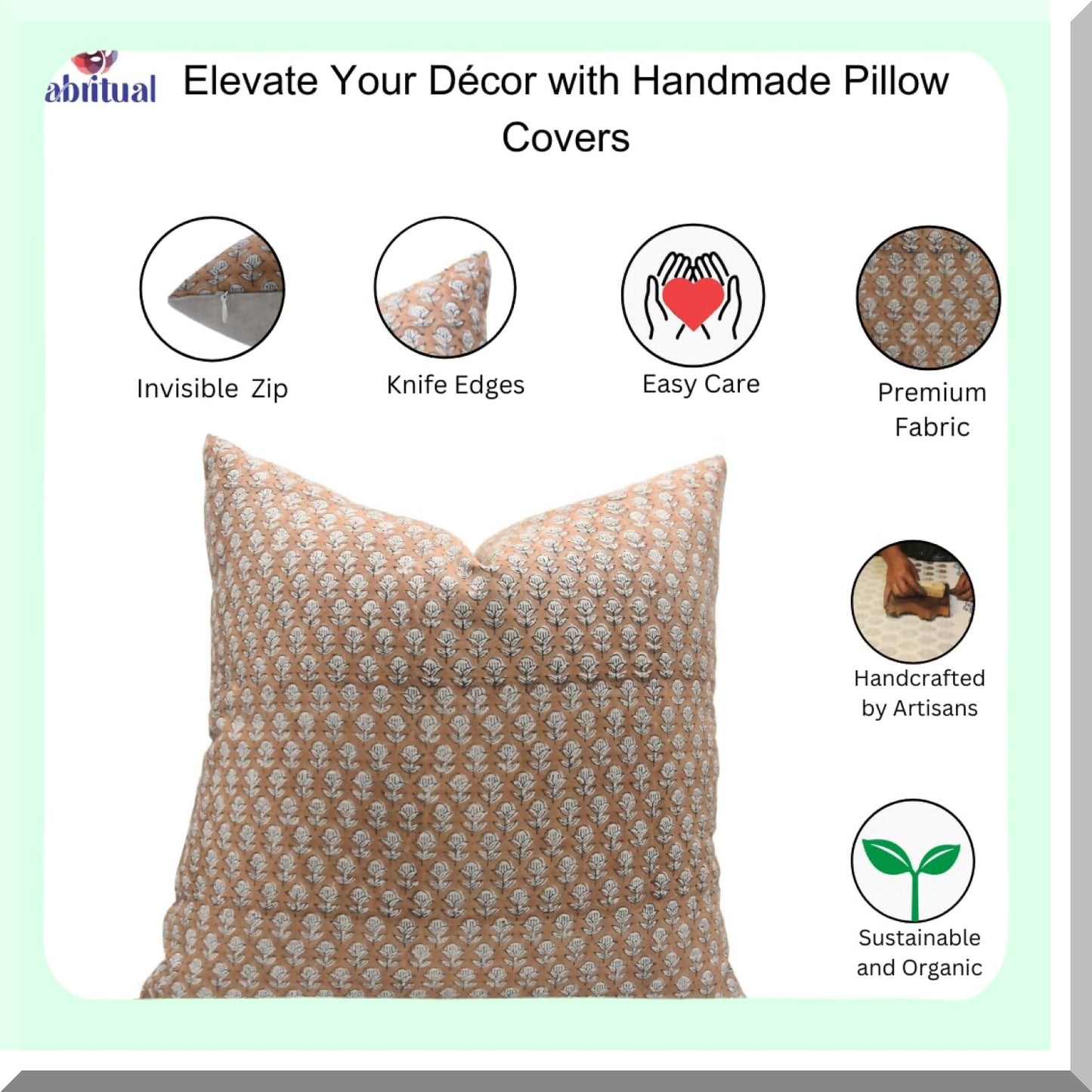 Boho Linen Floral Throw Pillow Covers - Vintage Sofa Cushion Cover - Outdoor Home Decor Tarangini - Brown - Block Print 18x18