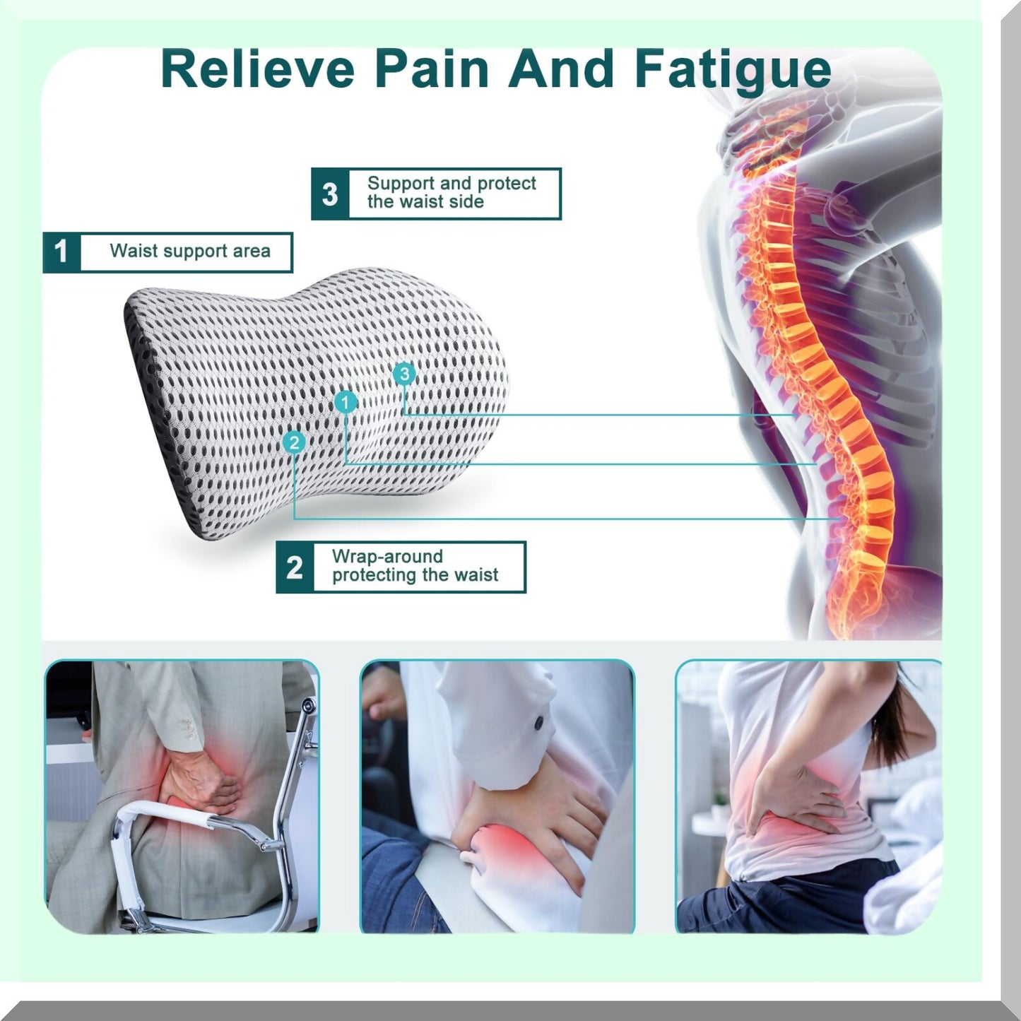 MemoryFoam Lumbar Support Cushion - Back Pain Relief Pillow for Office Chair, Car, Bed - GreyWhite Back Support Pillow - Lower Back Support Cushion