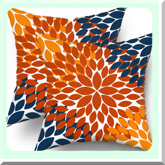 Dahlia Harvest Pillow Covers - Set of 2 Autumn Decorative Cushion Cases in Burnt Orange & Navy Blue 18X18 Inches for Living Room & Bedroom