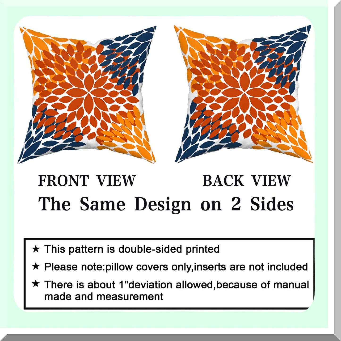 Dahlia Harvest Pillow Covers - Set of 2 Autumn Decorative Cushion Cases in Burnt Orange & Navy Blue 18X18 Inches for Living Room & Bedroom