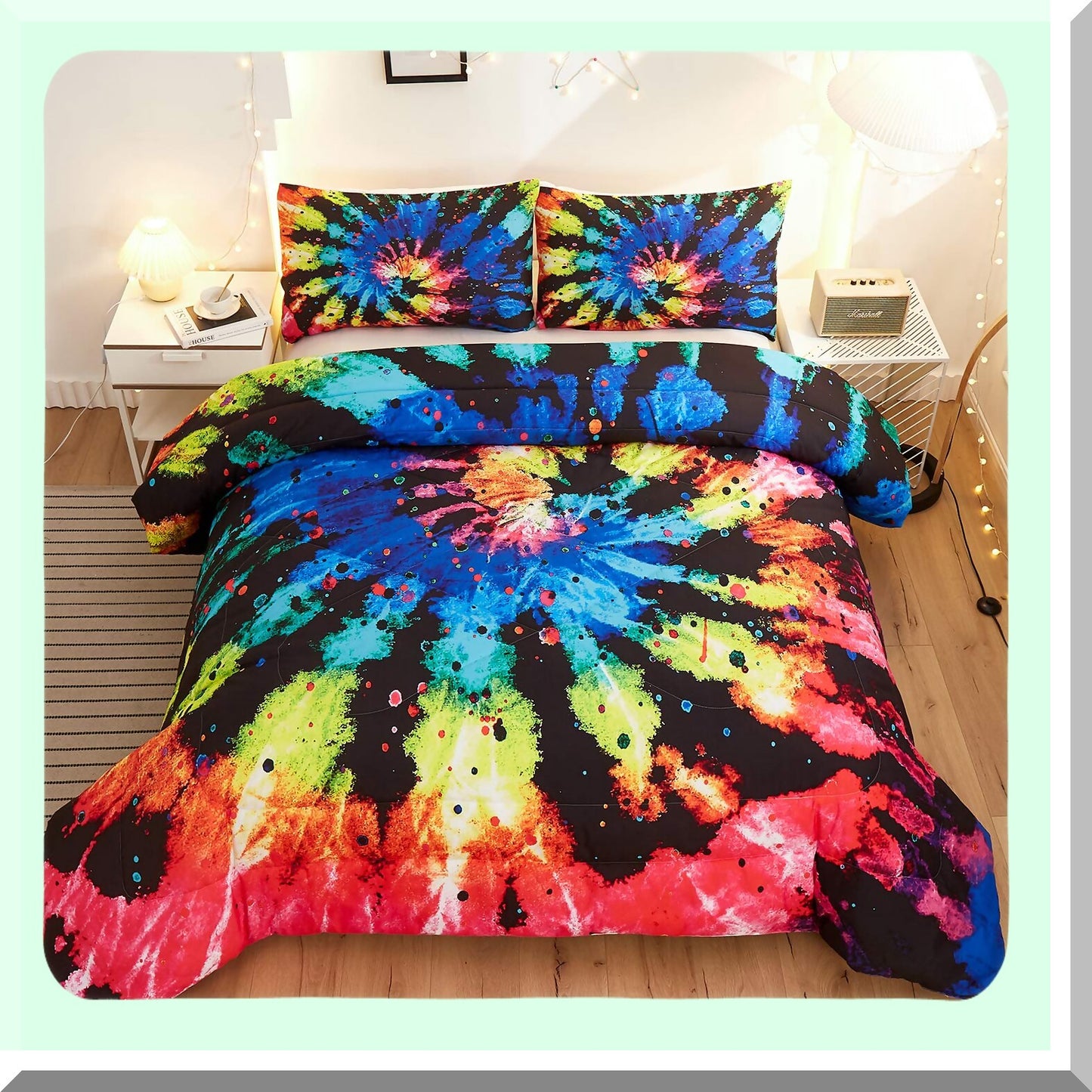 Rainbow Watercolor Tie Dye Boho Comforter Set - Twin Size - 3 Piece Bedding Set with Pillow Shams - Hippie Chic Decorative Pattern